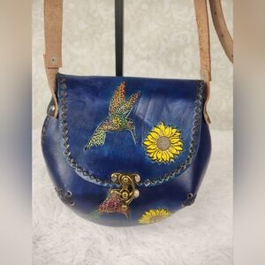 Hand-tooled Blue Leather Mexican Crossbody Bag with Sunflowers and Hummingbirds